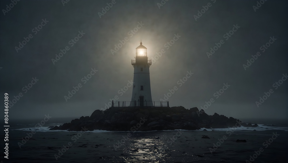 The mysterious allure of a lone lighthouse beaming through the foggy darkness ai_generated