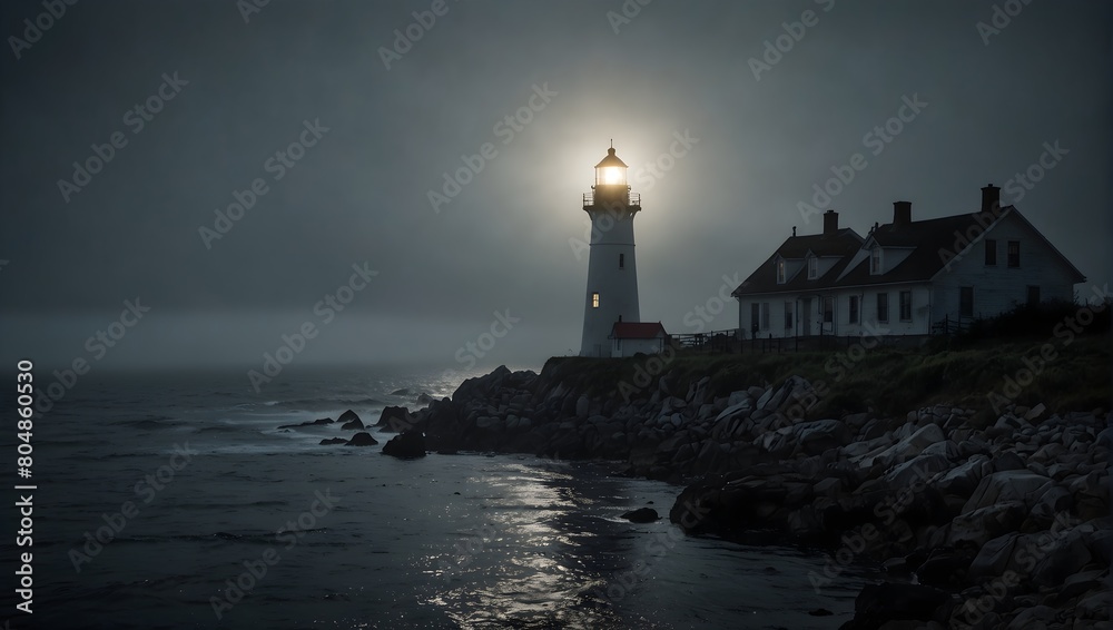 The mysterious allure of a lone lighthouse beaming through the foggy darkness ai_generated