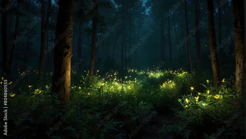Fototapeta premium The tranquil glow of fireflies in a dense, impenetrable forest ai_generated