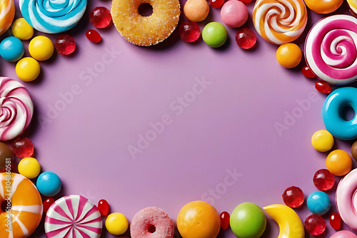 Candy and sweets in copy-space background concept  big blank space. Place to adding text blank copy space. Caramel Chocolate Chip Cookies