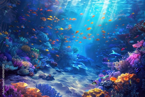 Underwater view of tropical coral reef with fishes and corals.