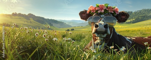 Contented cow with flower crown sunglasses chills in a vibrant summer meadow. Rolling hills in the distance. 3D rendering. photo