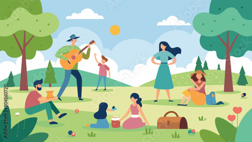 A peaceful park scene with families picnicking and children dancing to the lively melodies of a street musicians banjo playing.. Vector illustration © Justlight