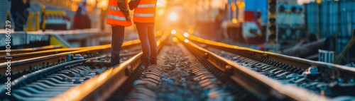 Railway workers walking on railroad tracks during sunset photo