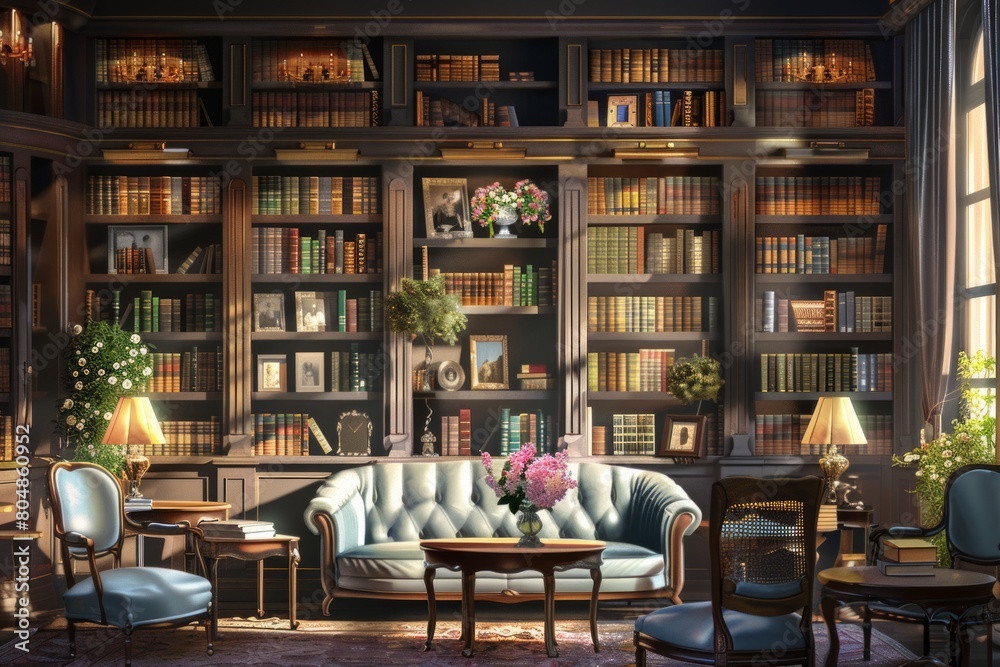 Bookworm's paradise: An enchanting space featuring a sprawling bookcase and comfortable couch, perfect for indulging in reading adventures Bookworm's paradise: An enchanting space featuring a sprawling bookcase and comfortable couch, perfect for indulging in reading adventures