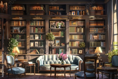 Bookworm's paradise: An enchanting space featuring a sprawling bookcase and comfortable couch, perfect for indulging in reading adventures