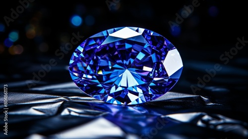 A close-up photo of a blue gemstone  with the facets reflecting light in different directions. The background is black  creating a luxurious look. The overall effect is elegant and sophisticated.