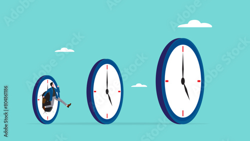 time management skills, successful time management as inspiration for the next time management, increasing expertise over time, businessman jumps through the small clock to the big one