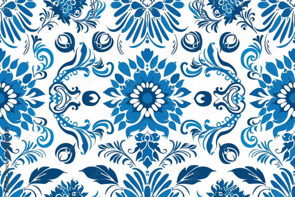 Fototapeta premium Elegant Blue and White Floral Pattern Wallpaper Design