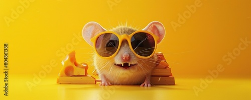 Cheesemonger in training: Adorable mouse with heart sunglasses investigates a wooden cheese crate. Summer adventure. 3D rendering. photo