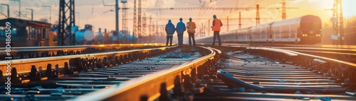 Railway workers walking on railroad tracks at sunset.