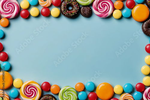 Candy and sweets in copy-space background concept, big blank space. Place to adding text blank copy space. Chocolate Drizzled Popcorn