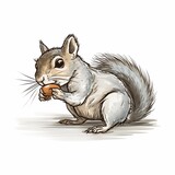 Hand-drawn portrait of a grey squirrel holding a nut, vibrant colors highlighting the subject on a white background. 