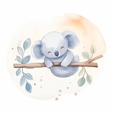 Watercolor depiction of a sleepy koala clinging to a branch, surrounded by a generous white border for added text.