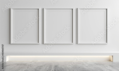 A trio of empty white frames on a plain wall, waiting for art. Generate AI photo