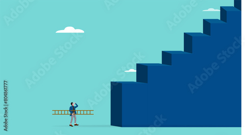 solutions to face the first steps that feel difficult, Smart businessman uses stairs to climb very large rung concept vector illustration
