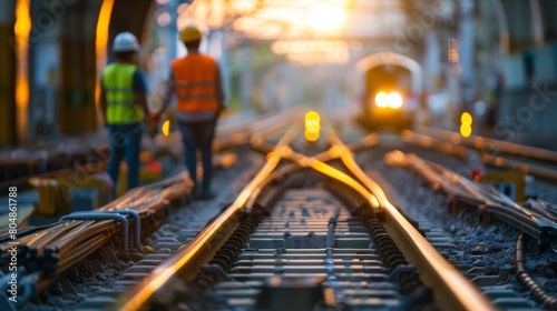 Railway tracks with blurred figures of two workers in hard hats walking away from the camera, and a bright light in the distance. photo