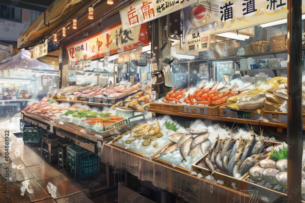 Obraz premium Gourmet seafood extravaganza: A bustling market brimming with a tantalizing assortment of fresh catches from the sea