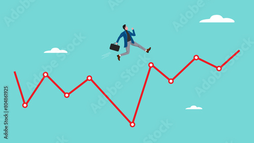 Overcoming financial problems in business or investment with businessman jumping over falling financial graph, creative idea or solution to solve problem, business challenge concept