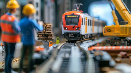 A model train set with a yellow and red train on a track with two construction workers standing nearby.