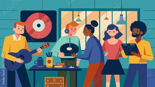 In a corner of the store a group of musicians gather for an impromptu jam session playing and singing along to classic vinyl records. Vector illustration