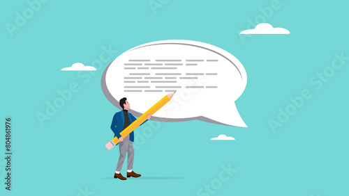 written communication, businessman writing communication message on speech bubble, communicate via message or text, Email writing skill for career success, make online newsletter for company promotion