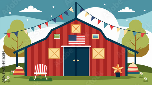 A rustic barn adorned with patriotic decorations the perfect setting for a downhome Fourth of July Fiddlers Gathering.. Vector illustration