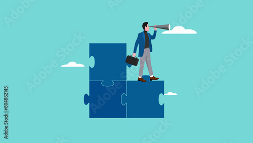 finding solutions to complete the work with businessman standing on an incomplete puzzle using binoculars to look for missing pieces, responsibility for work, leadership mission in facing problems
