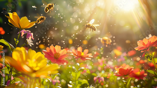 honey bees flying around sunny flowers garden.