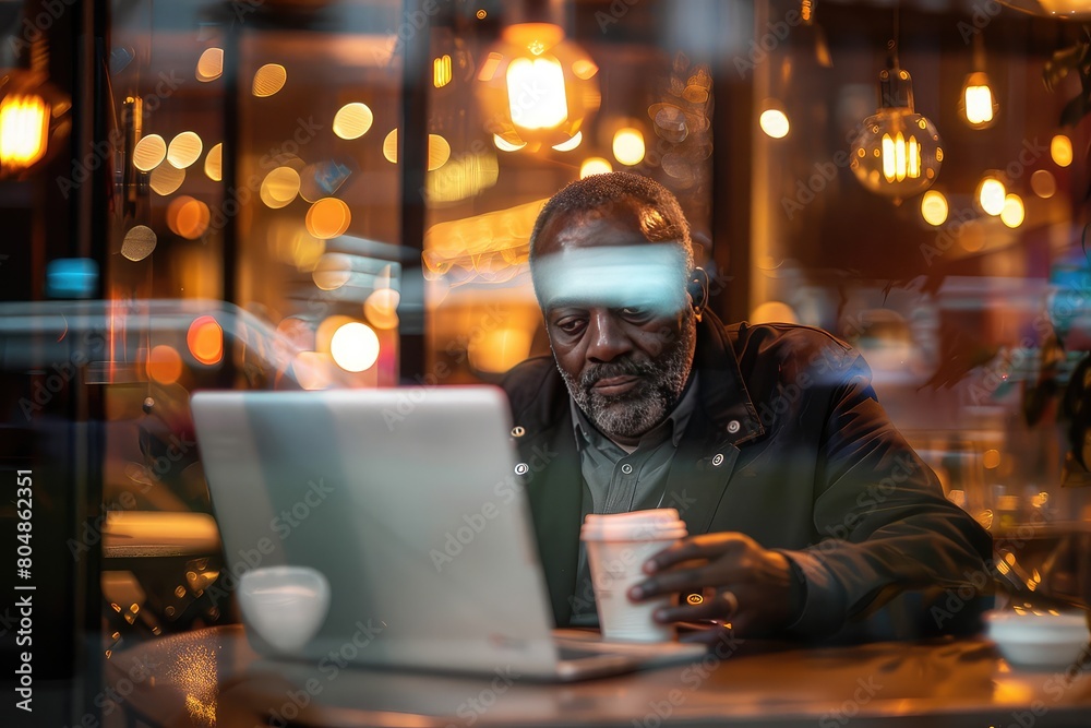 Serious middle aged African American man working with laptop at a cafe. View through the glass of the showcase. Amidst the darkness, a serious man commands his laptop with purpose.