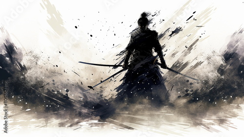 An ink painting depicting a Japanese samurai	