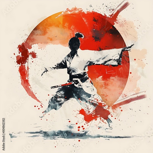 Abstract pop sports art. A watercolor illustration featuring a martial artist in training attire practicing martial arts. Behind him is a red ink-splattered circle. The background is white.
