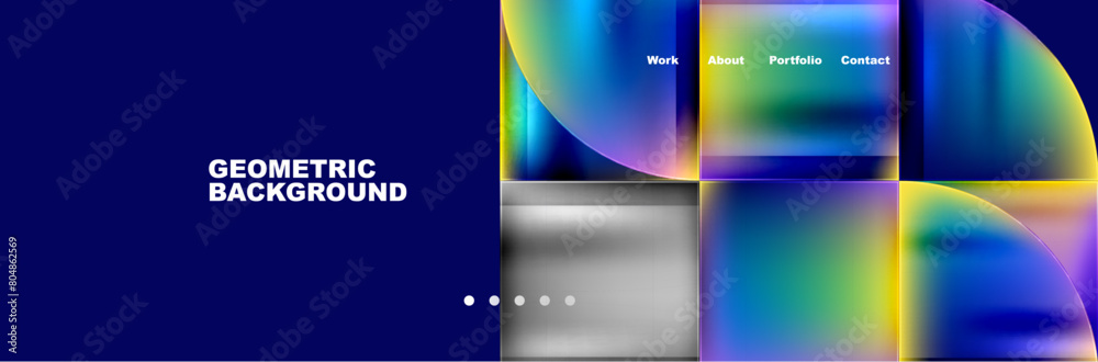 Fototapeta premium An electric blue background with a vibrant mix of violet squares, magenta circles, and rectangles creating a symmetrical art piece. Perfect for a modern brands gas font design