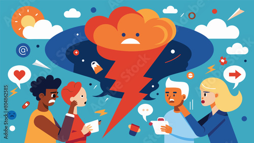 Social media erupting with heated debates and arguments creating a virtual tornado of opinions and emotions..