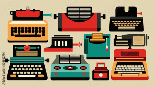 A typewriter collection spanning generations from the classic black and white models to the more modern streamlined designs.. Vector illustration