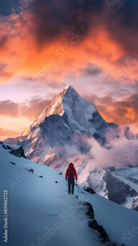 Back view of climber standing on top of snow mountain © Derby