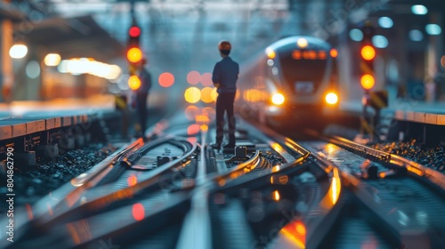 A miniature person standing on a train track with a real train approaching in the background. photo