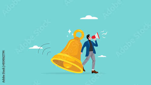notification or announcement, Follow up customers on online business with notification to achieve sales targets, businessman using megaphone standing next to big notification bell concept illustration