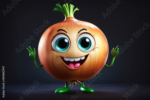 A cute funny 3d Onion with big eyes and cute smile and small hands and legs standing, dark background isolated, healthy vegetable,