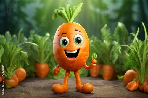 A cute funny 3d orange carrot with big eyes, cute smile, small legs standing with thumbs up gesture, nature background isolated, healthy vegetable,
