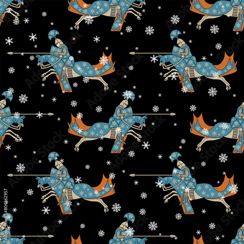 Seamless seasonal winter pattern with medieval knights riding horses and snowflakes. On black background.