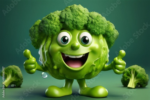 Cute 3d Green Broccoli with thumbs up gesture on a green background, happy smiling big eyes and cute face, healthy Vegetable, Fit lifestyle