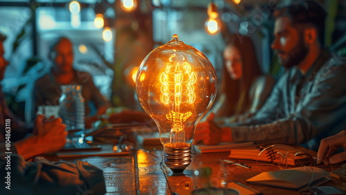 business people sitting around a table with light bulbs surrounded by ideas, in the style of cyber punk scene, round sculpture, photo-realistic still life, shaped canvas, selective focus