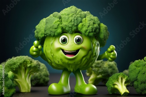 Cute 3d Green Broccoli with thumbs up gesture on a green background, happy smiling big eyes and cute face, healthy Vegetable, Fit lifestyle