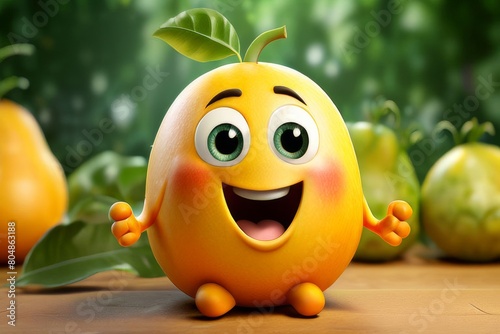 a cute adorable 3D Mango cartoon character, healthy happy Mango with eyes, smile, legs & hands, isolated, Healthy Fruit