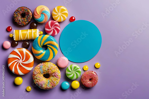 Candy and sweets in copy-space background concept, big blank space. Place to adding text blank copy space. Candy Store Display photo