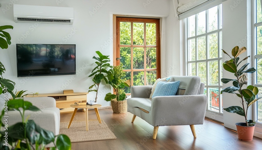 Energy efficient air conditioner with fresh natural in a modern living room. Energy efficient air conditioner with fresh natural in a modern living room.