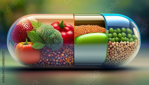 Medicine health concept. Nutritional supplement and vitamin supplements as a capsule with fruit vegetables nuts and beans inside a nutrient pill.