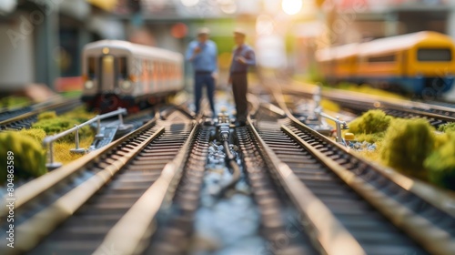 Railway tracks with a blurred background of two conductors in the distance.