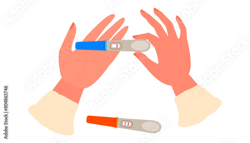 Woman holding pregnancy test in her hands. Person waiting for a repeat result. Pregnancy test used to detect the presence of human chorionic gonadotropin (hCG). Cartoon vector illustration.